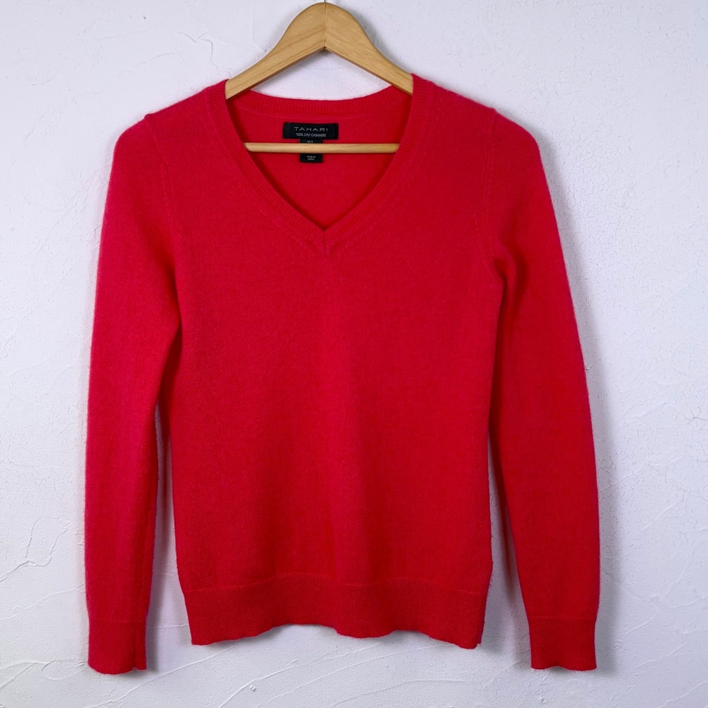 Tahari V Neck Sweater Women Small Pink 2-Ply Cashmere Solid Minimalist Chic
